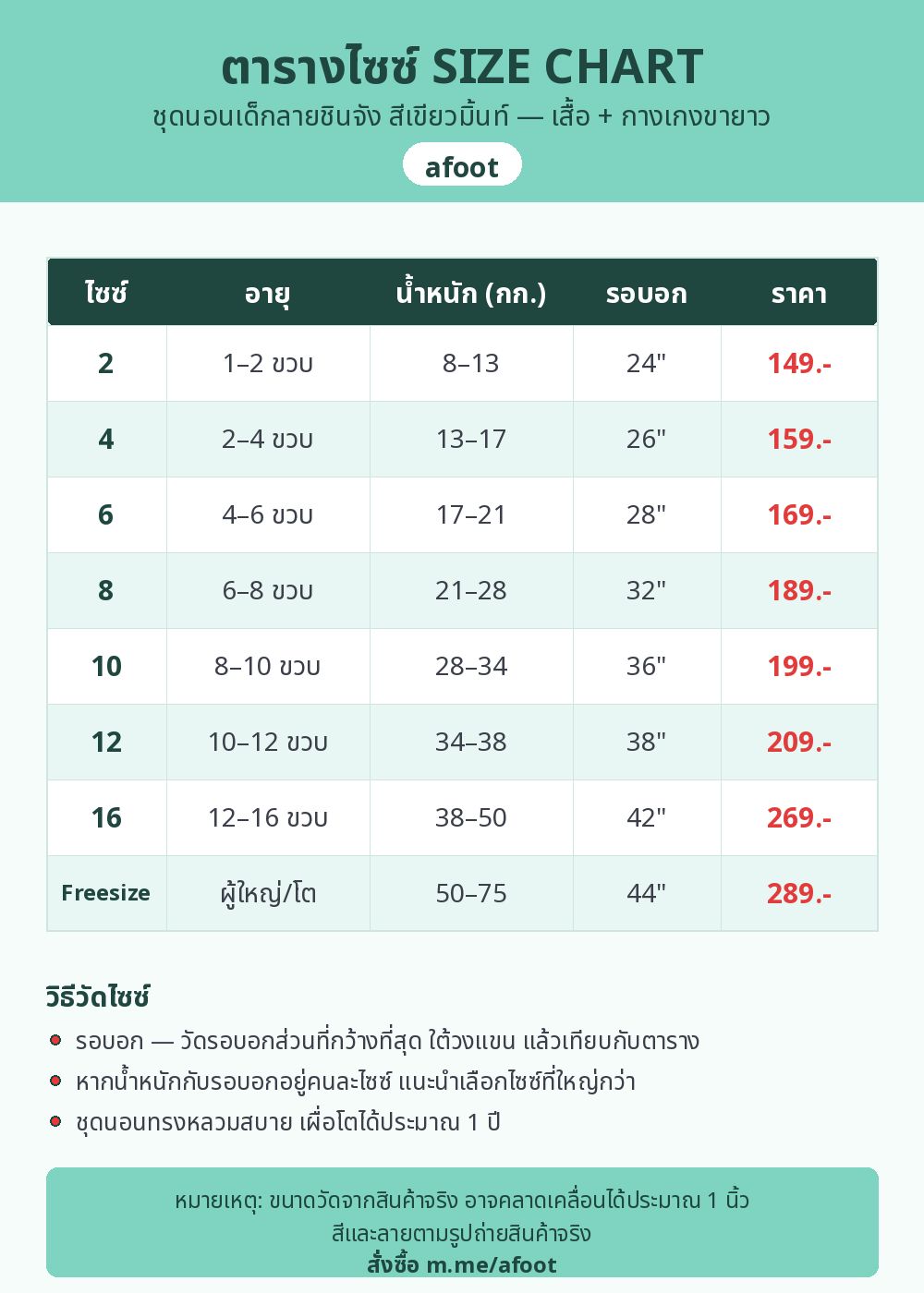 ตารางไซซ์ชุดนอนเด็กลายชินจัง สีเขียวมิ้นท์ afoot ไซซ์ 2 ถึง Freesize